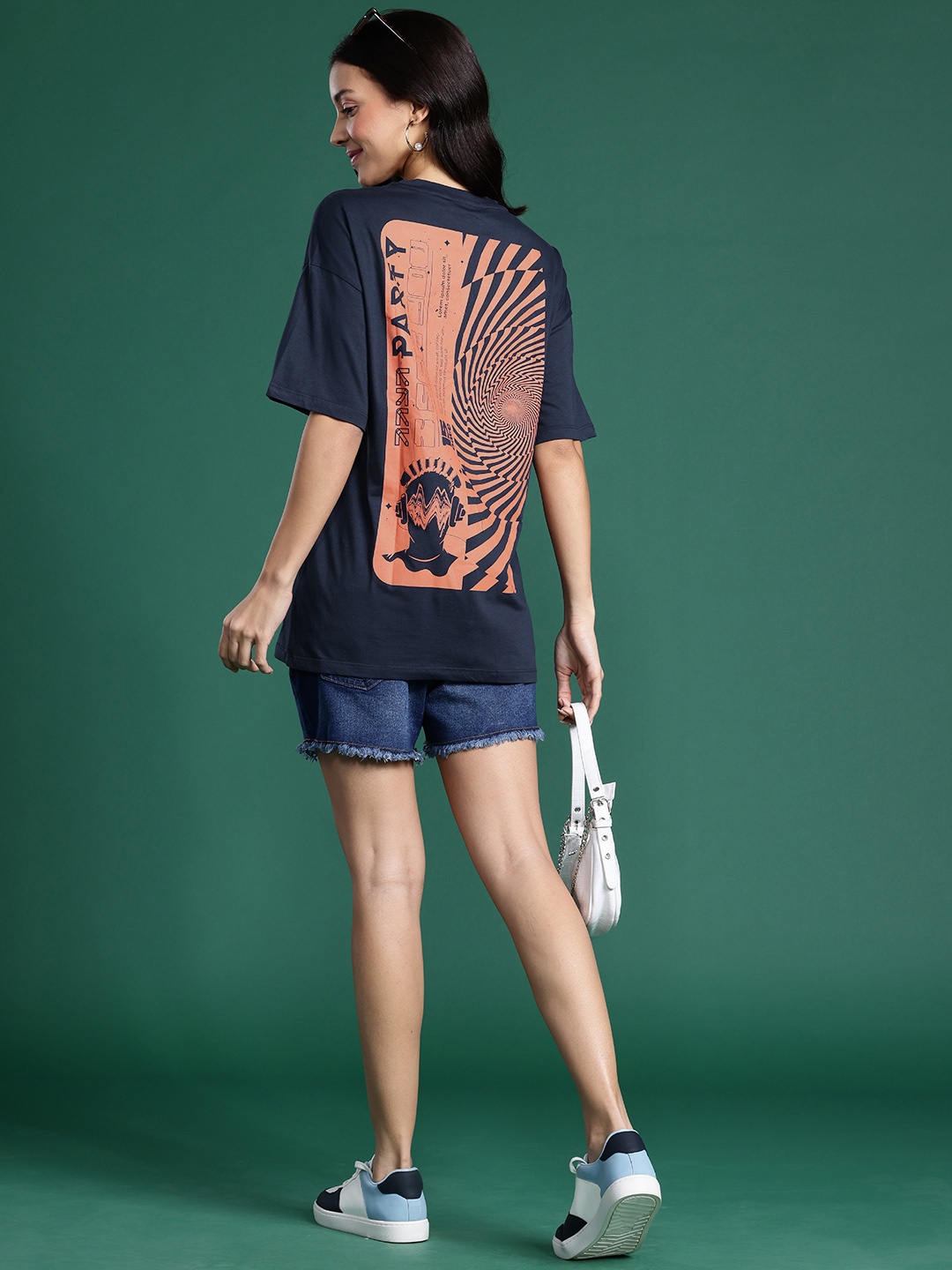 

DressBerry Printed Pure Cotton Oversized T-shirt, Navy blue