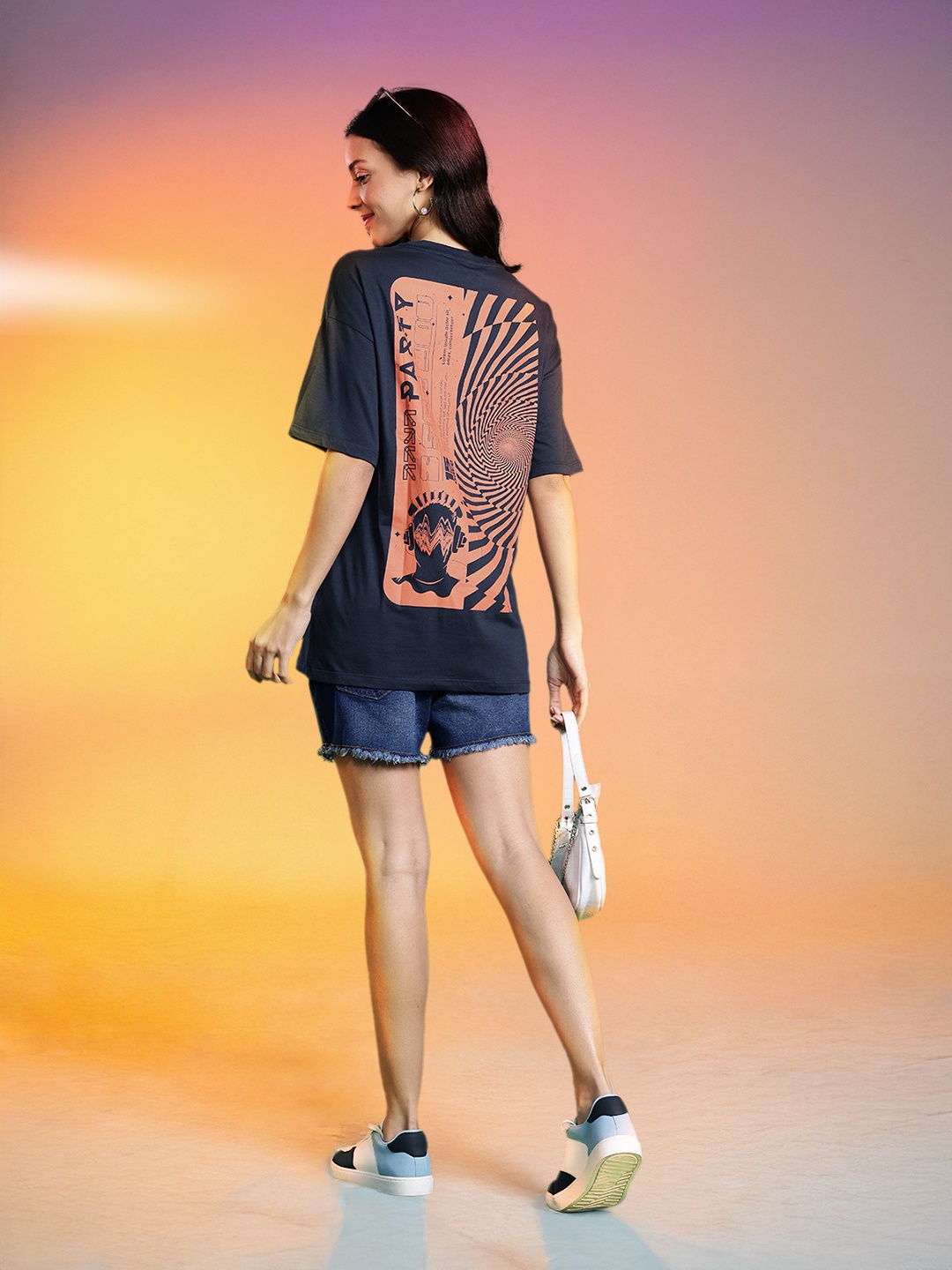DressBerry Printed Pure Cotton Oversized T-shirt, Navy blue