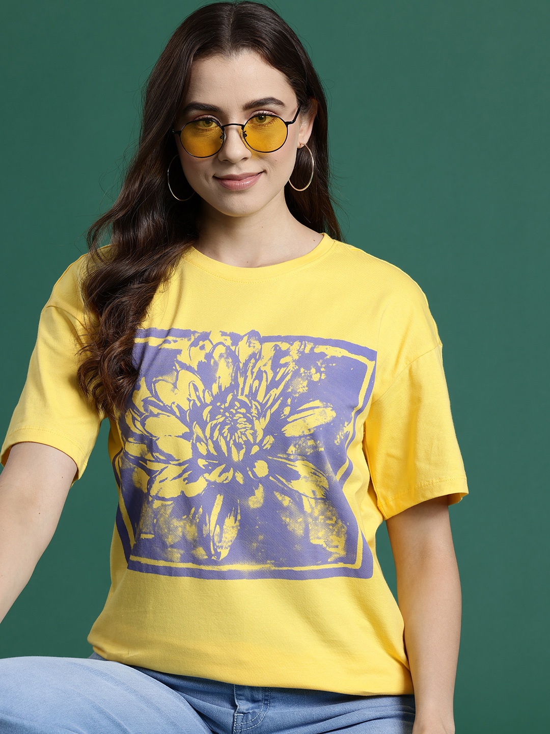 

DressBerry Printed Drop-Shoulder Sleeves Pure Cotton T-shirt, Yellow