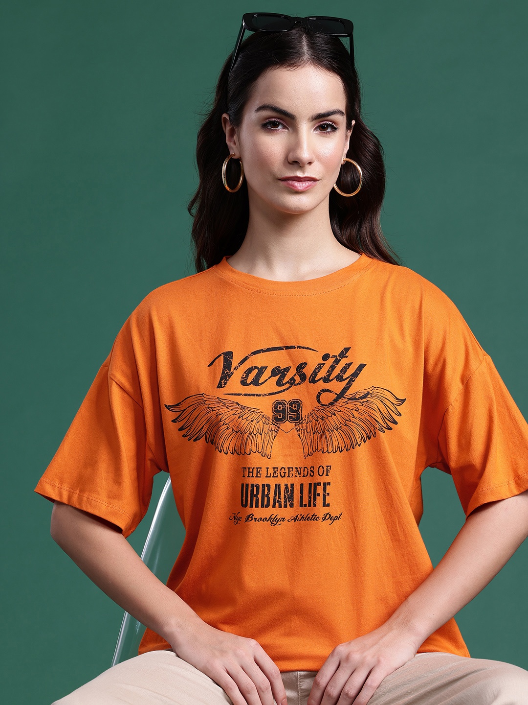 

DressBerry Printed Drop-Shoulder Sleeves Pure Cotton T-shirt, Orange