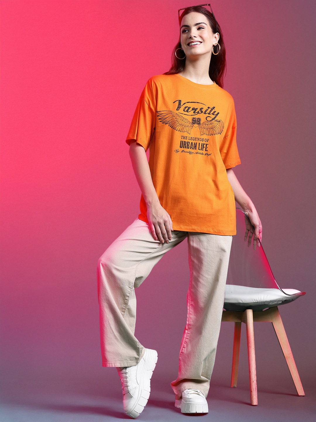 

DressBerry Printed Drop-Shoulder Sleeves Pure Cotton T-shirt, Orange