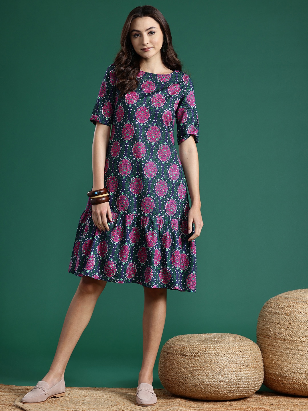 

Sangria Ethnic Printed Pure Cotton Ruffles Hem Dress, Pink
