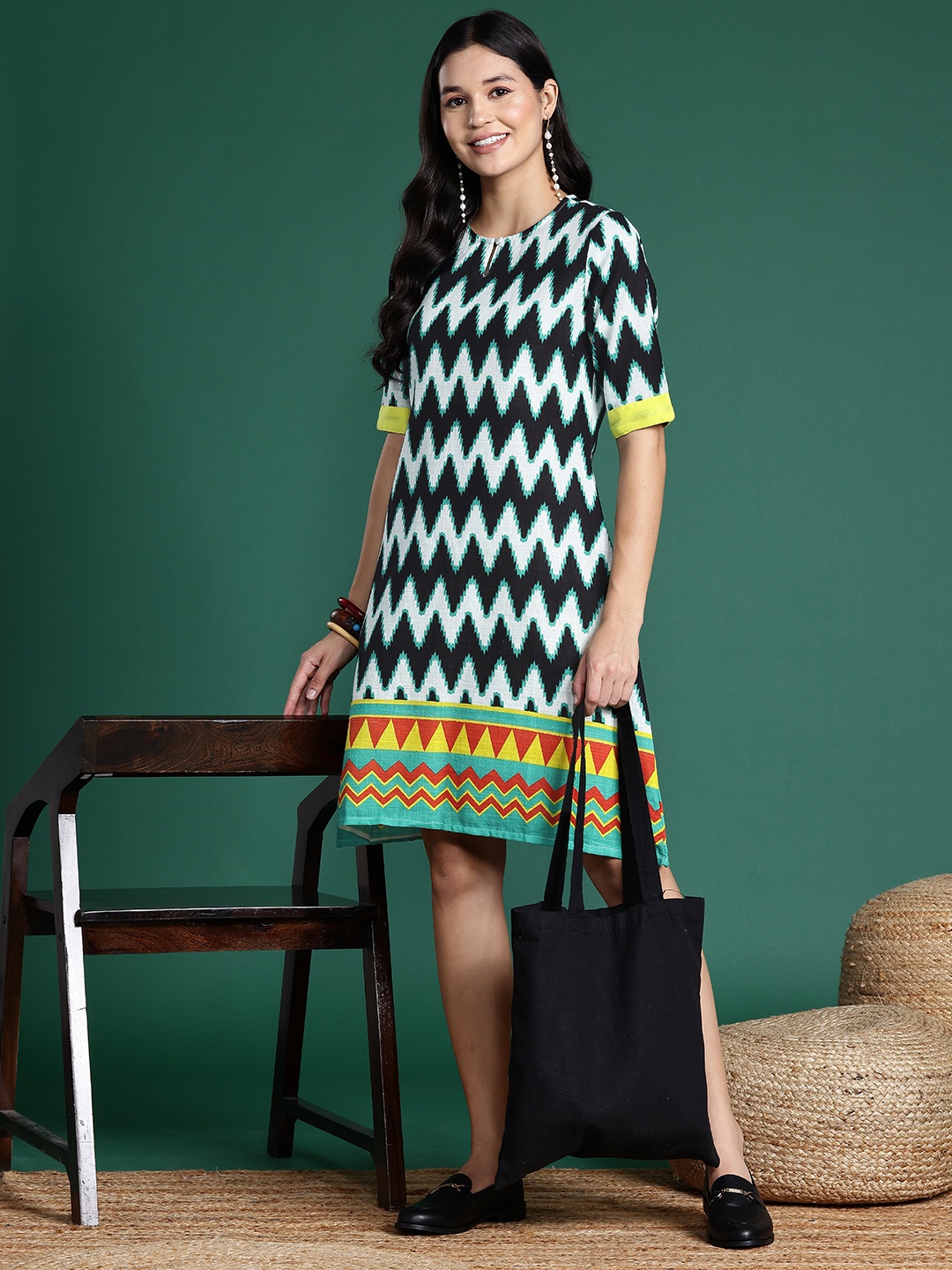 

Sangria Chevron Print Pure Cotton Ethnic Dress, Black