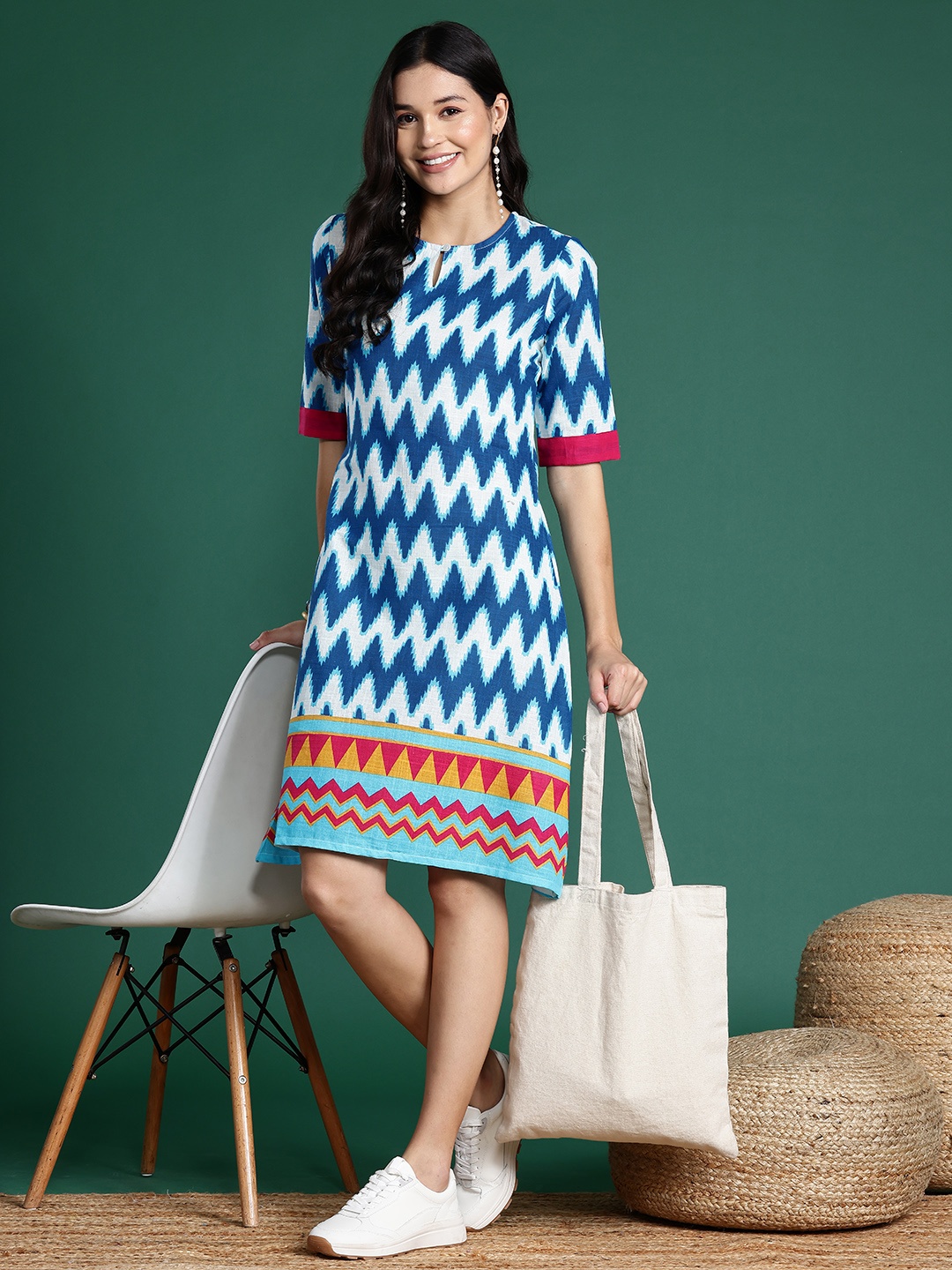 

Sangria Chevron Print Pure Cotton Ethnic Dress, Blue