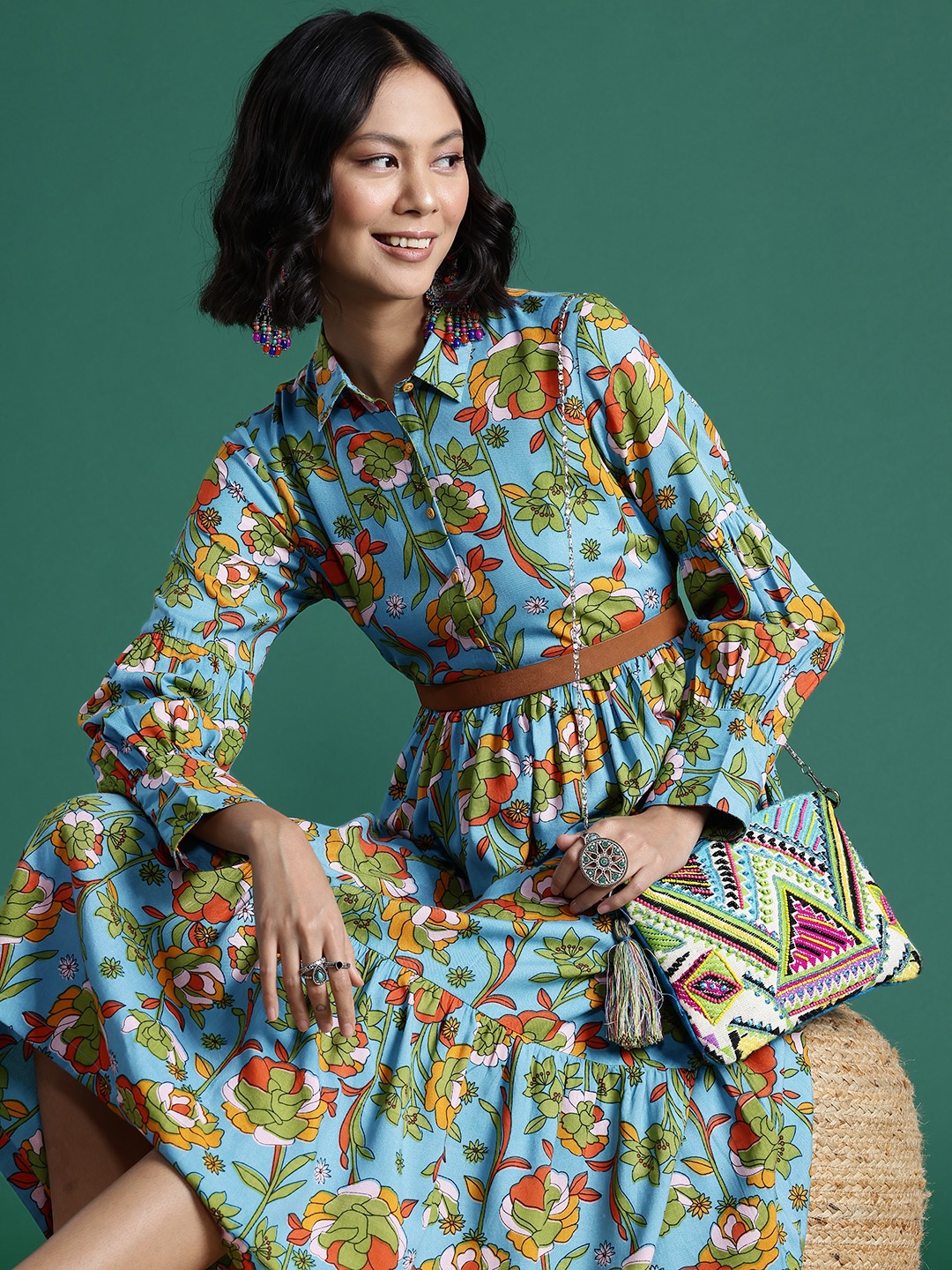 

Sangria Floral Print Shirt Collar Tiered Midi Dress, Blue