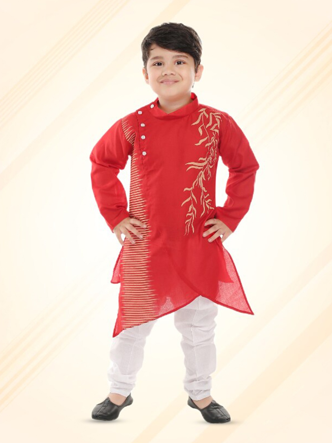 

BAESD Red Floral Embroidered Angrakha Thread Work Pure Cotton Kurta with Churidar