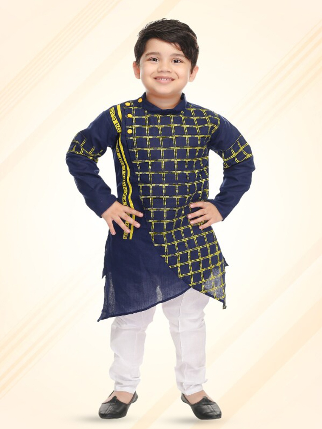 

BAESD Boys Printed Regular Pure Cotton Kurta with Trousers, Navy blue