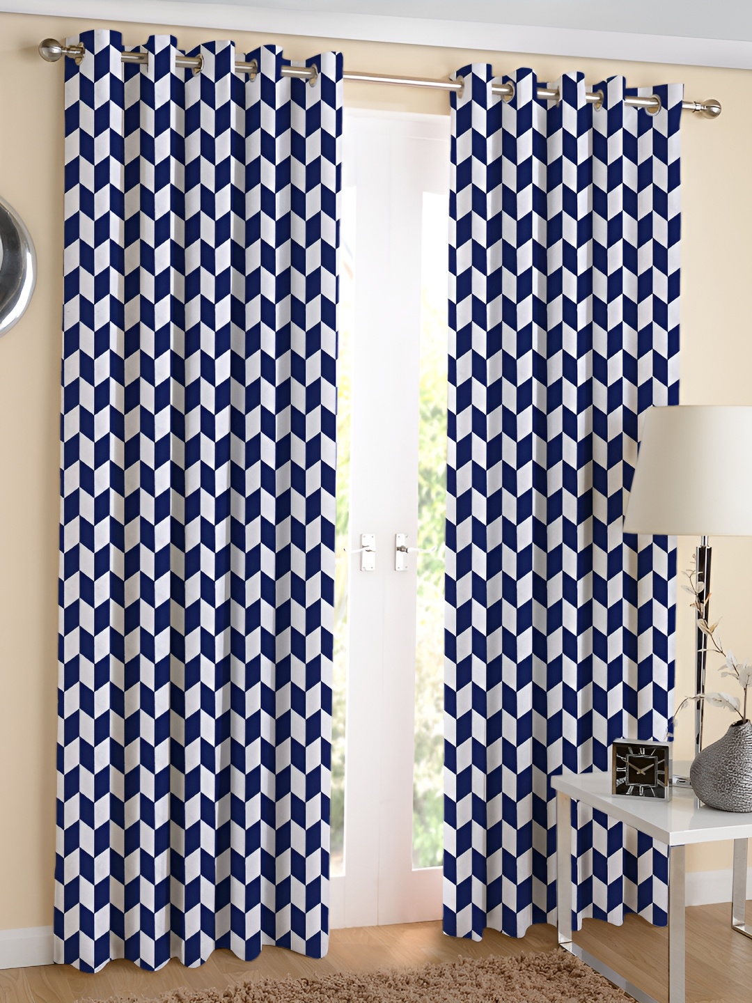 

Airwill Blue White 2 Pieces Geometric Cotton Room Darkening Long Door Curtain