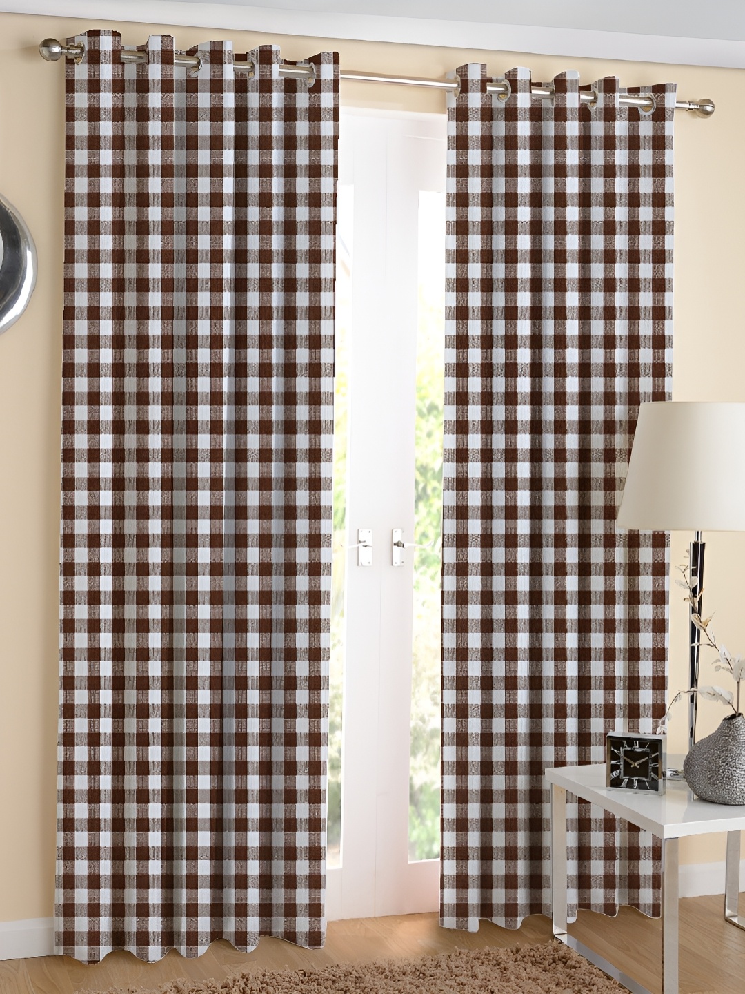 

Airwill White & Brown 2 Pieces Geometric Cotton Room Darkening Long Door Curtains