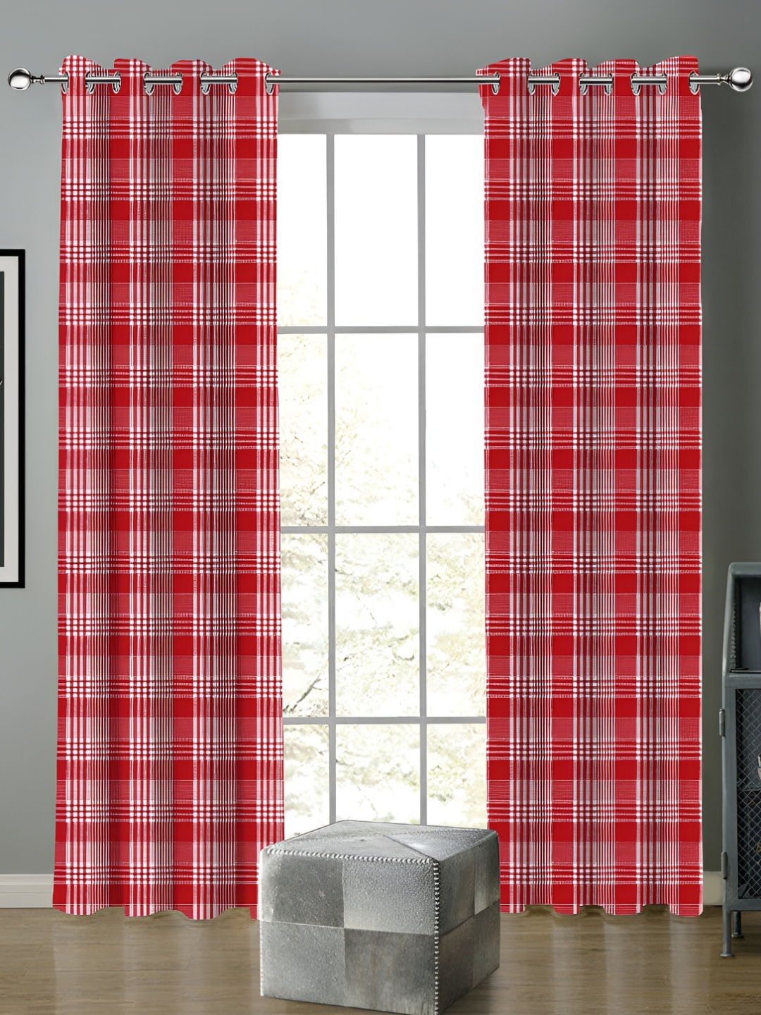 

Airwill Red White 2 Pieces Tartan Checked Cotton Room Darkening Door Curtain