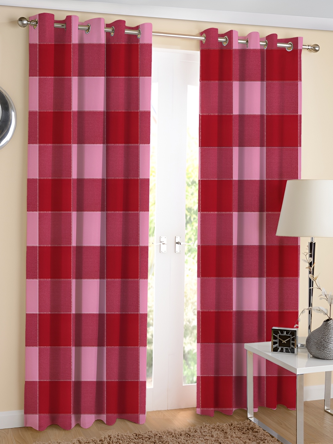 

Airwill Red Pink 2 Pieces Geometric Cotton Room Darkening Long Door Curtain