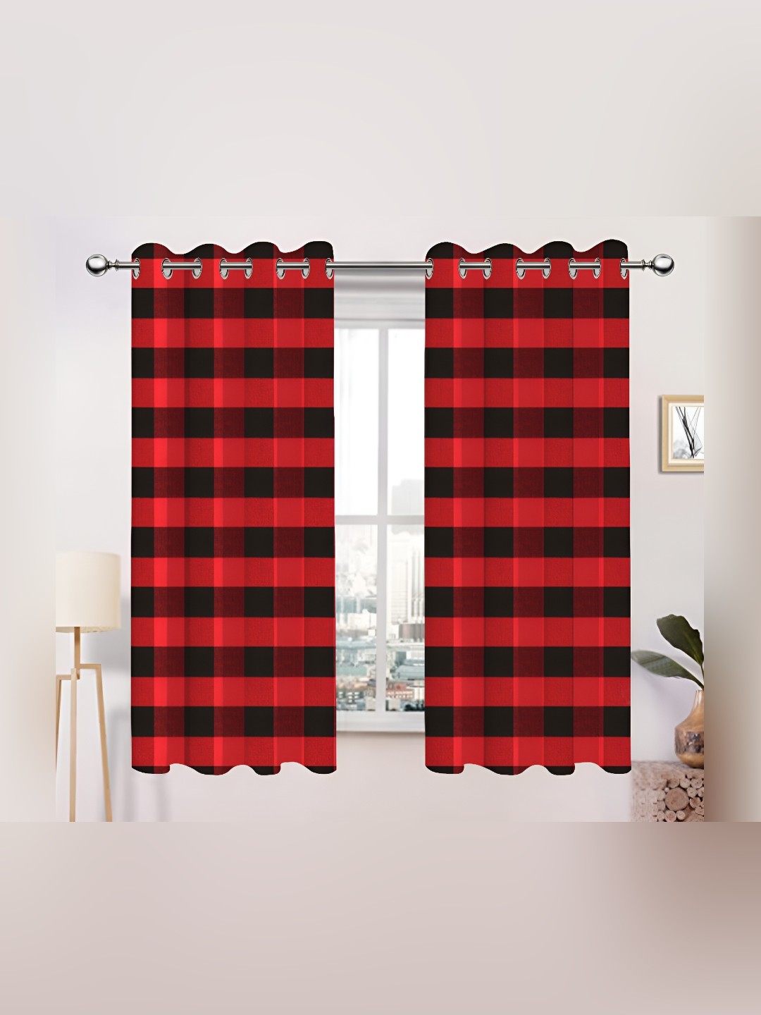 

Airwill Red Black 2 Pieces Geometric Cotton Room Darkening Window Curtain