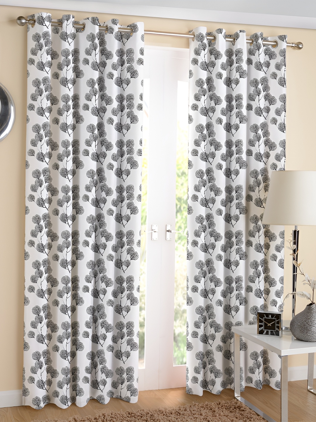

Airwill Black White 2 Pieces Floral Cotton Room Darkening Long Door Curtain