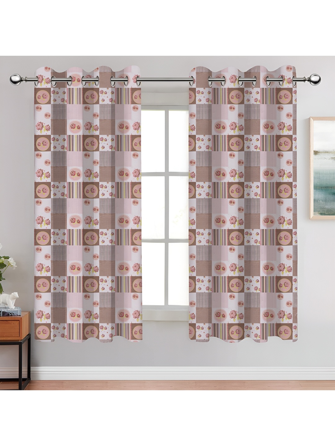 

Airwill Beige & White 2 Pcs Floral Room Darkening Cotton Window Curtains