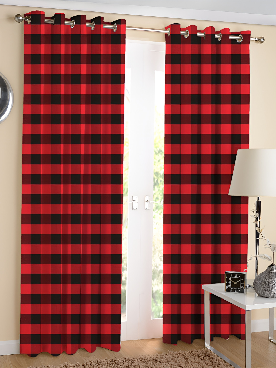 

Airwill Red & Black 2 Pcs Geometric Room Darkening Cotton Long Door Curtain