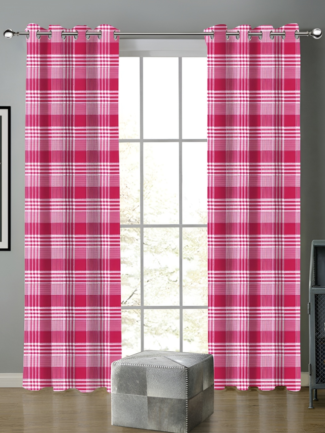 

Airwill Pink & White 2 Pcs Geometric Room Darkening Cotton Door Curtain