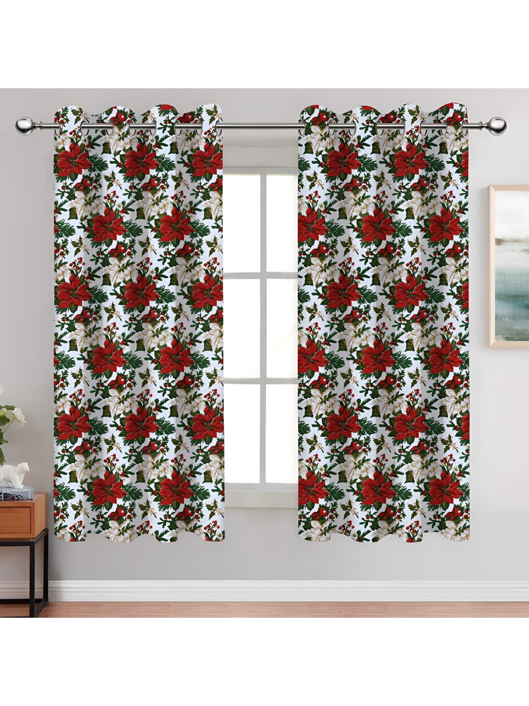 

Airwill Red White 2 Pieces Floral Cotton Room Darkening Window Curtain