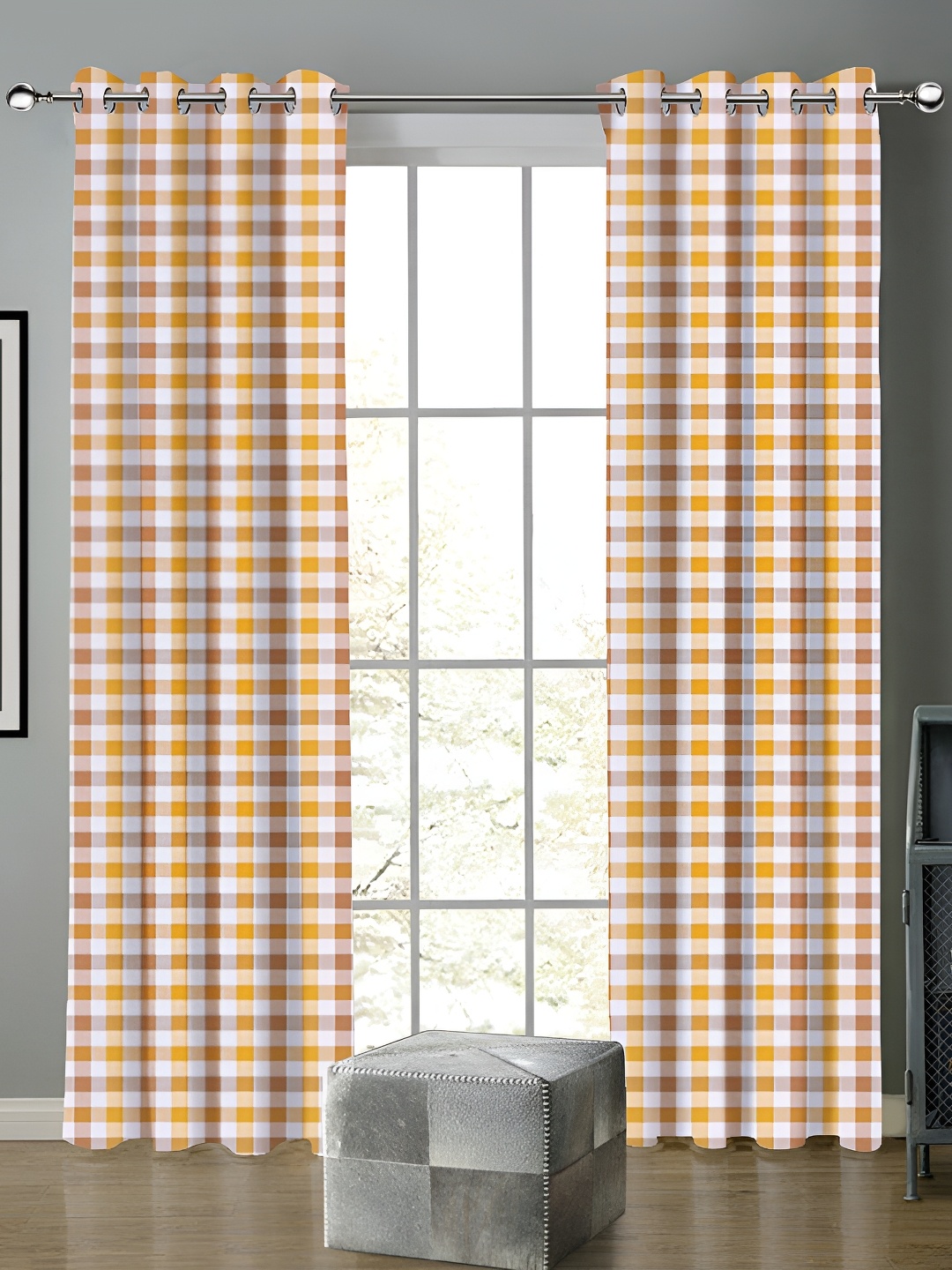 

Airwill Yellow Brown 2 Pieces Buffalo Checked Cotton Room Darkening Door Curtain