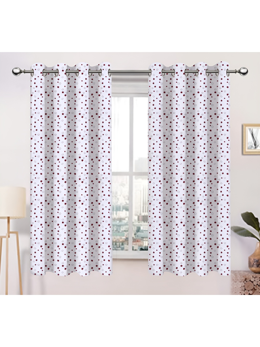 

Airwill White Maroon 2 Pieces Abstract Cotton Room Darkening Window Curtain