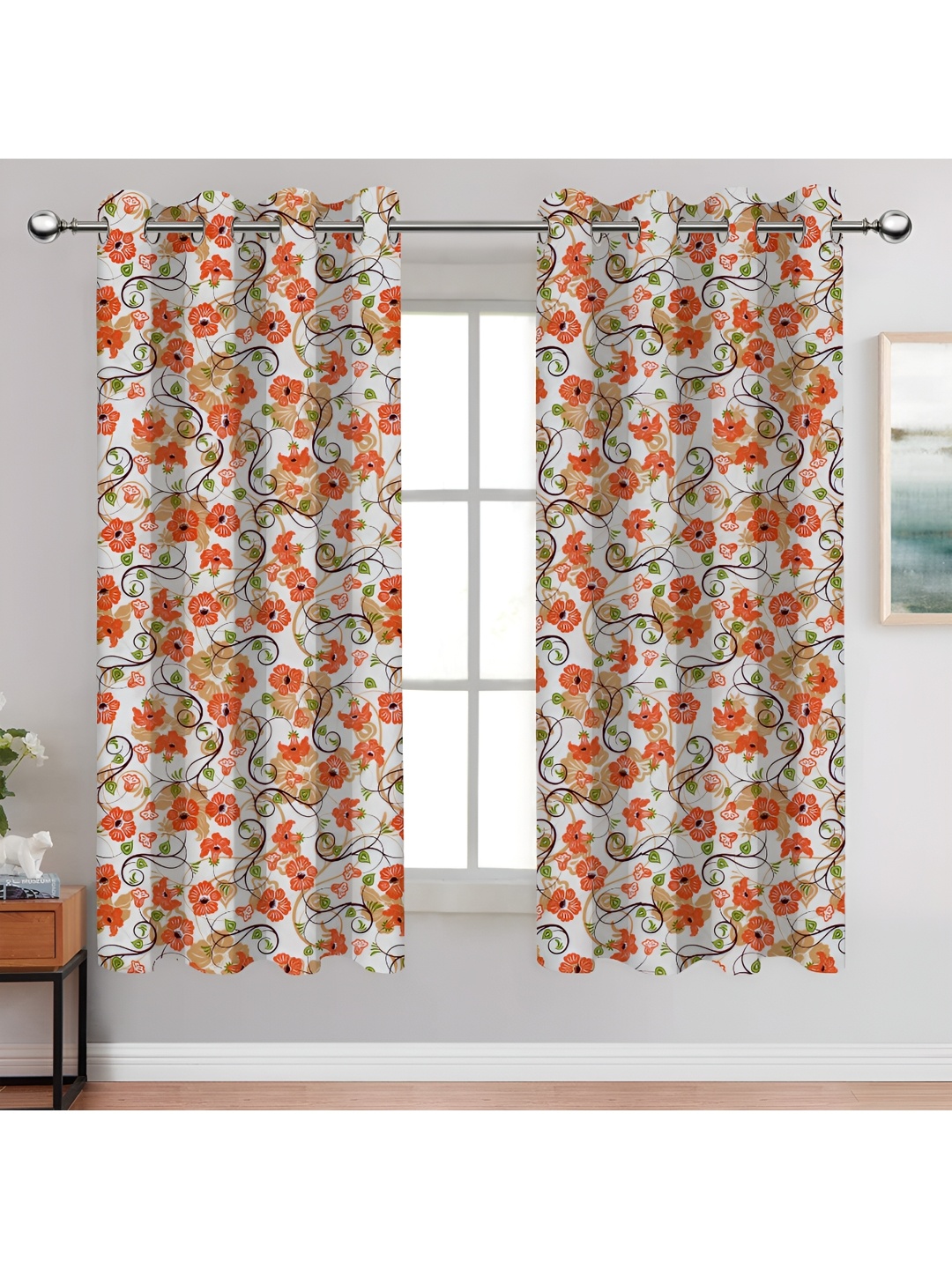 

Airwill Orange White 2 Pieces Floral Cotton Room Darkening Window Curtain