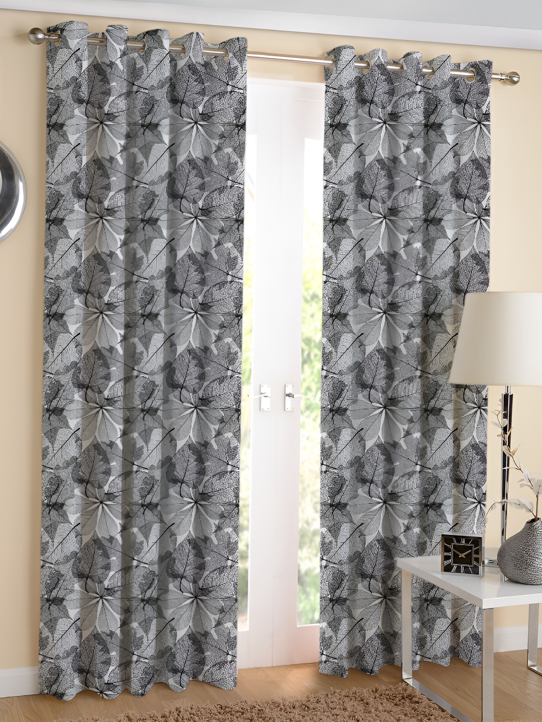 

Airwill Black & White 2 Pcs Floral Room Darkening Cotton Long Door Curtain