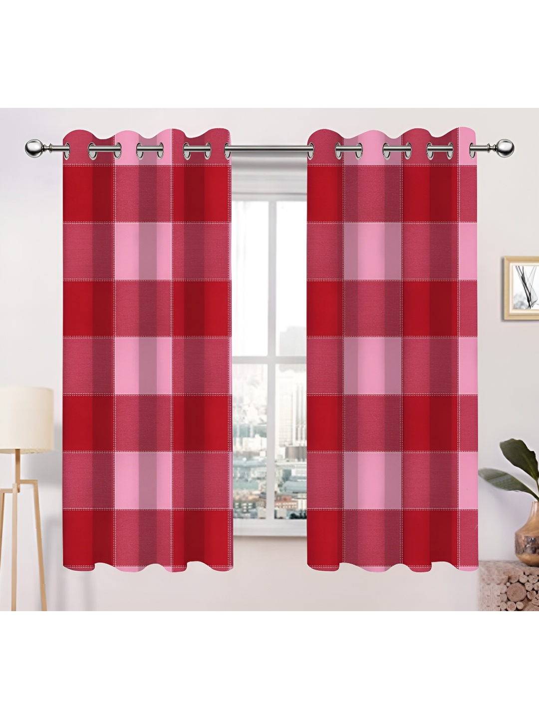 

Airwill Red & Pink 2 Pcs Geometric Room Darkening Cotton Window Curtain