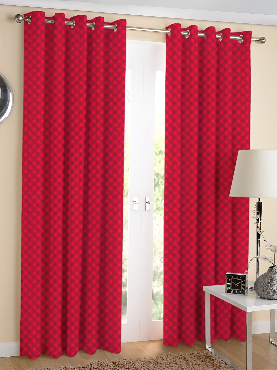 

Airwill Red 2 Pieces Geometric Printed Room Darkening Long Door Curtain