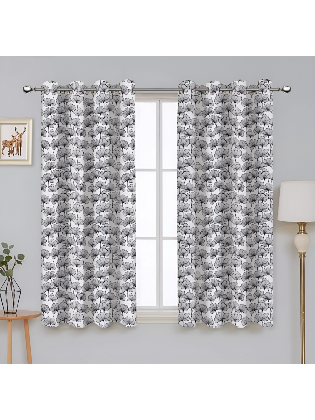 

Airwill Black & White 2 Pcs Floral Room Darkening Cotton Window Curtains