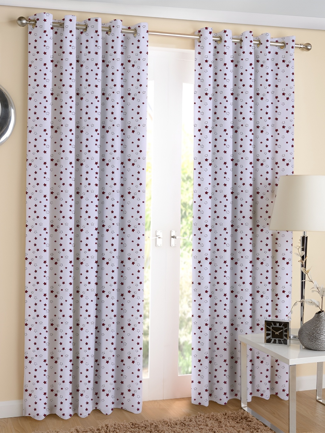 

Airwill White Maroon 2 Pieces Abstract Cotton Room Darkening Long Door Curtain