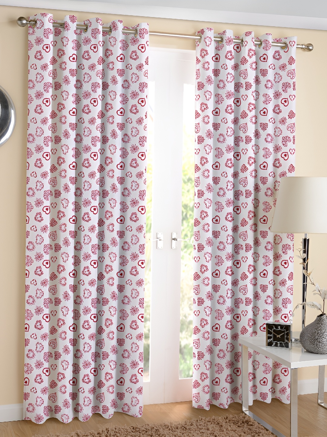 

Airwill Red & White 2 Pcs Floral Room Darkening Cotton Long Door Curtain