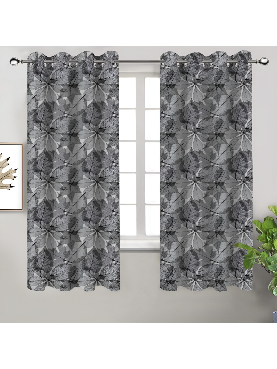 

Airwill Black & Grey 2 Pcs Floral Room Darkening Cotton Window Curtains