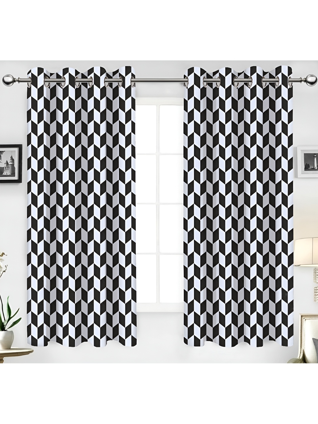 

Airwill Black White 2 Pieces Geometric Cotton Room Darkening Window Curtain