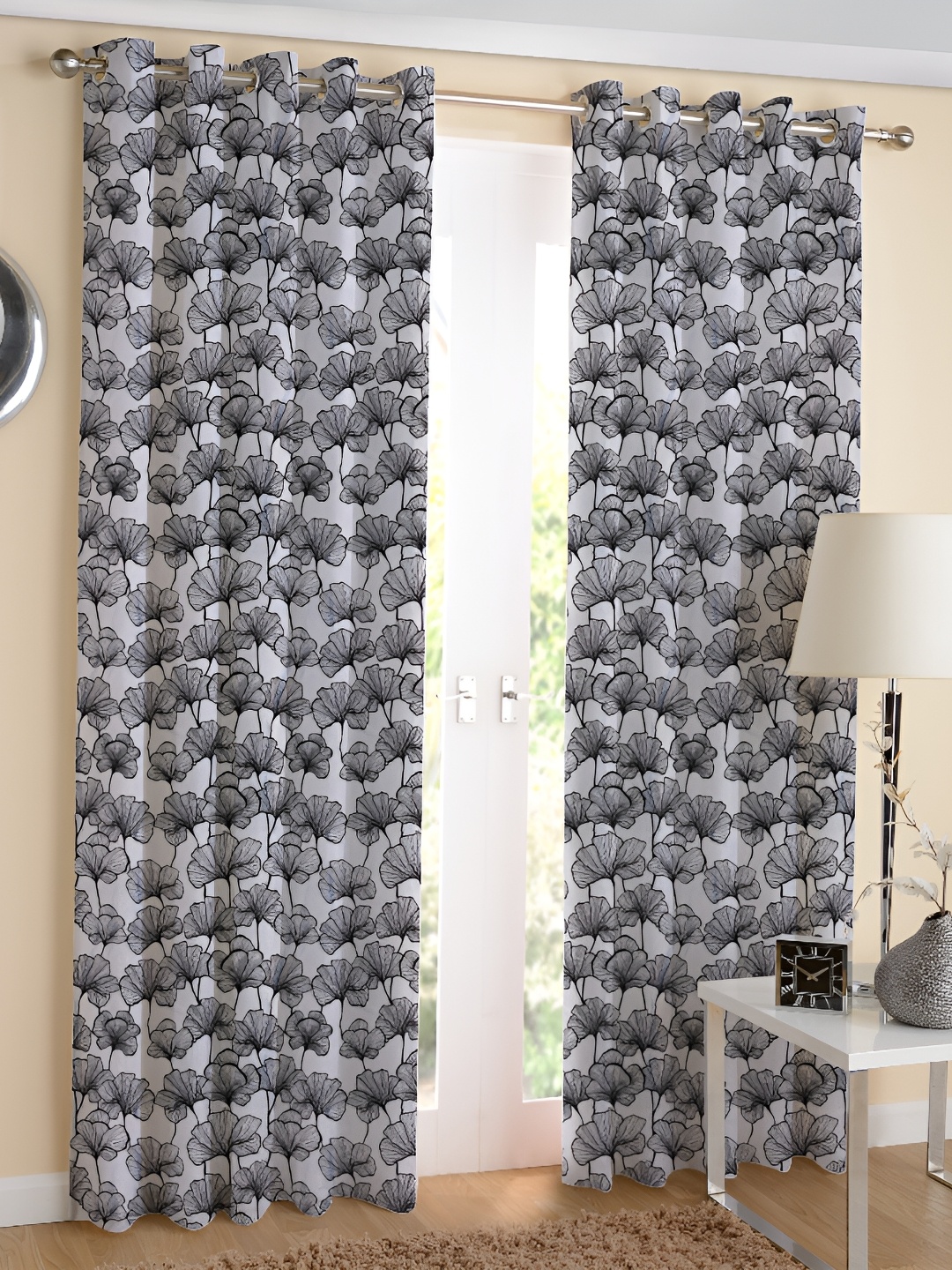 

Airwill Black & Grey 2Pcs Floral Room Darkening Long Door Curtain
