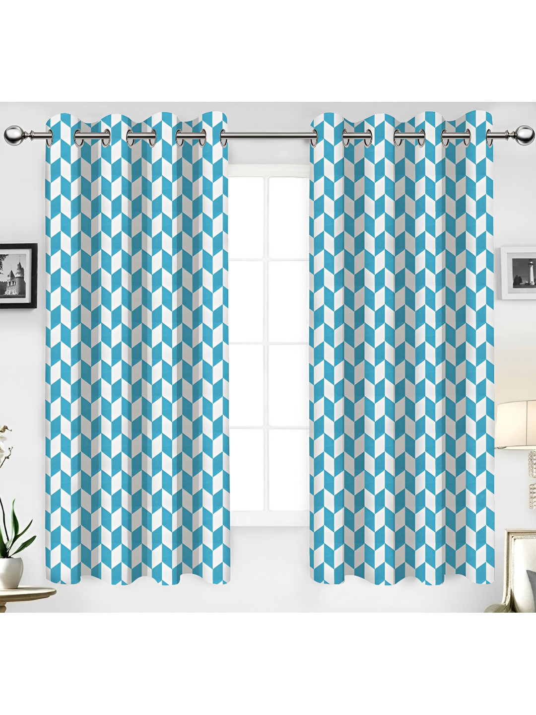 

Airwill Blue & White 2Pcs Geometric Room Darkening Window Curtain