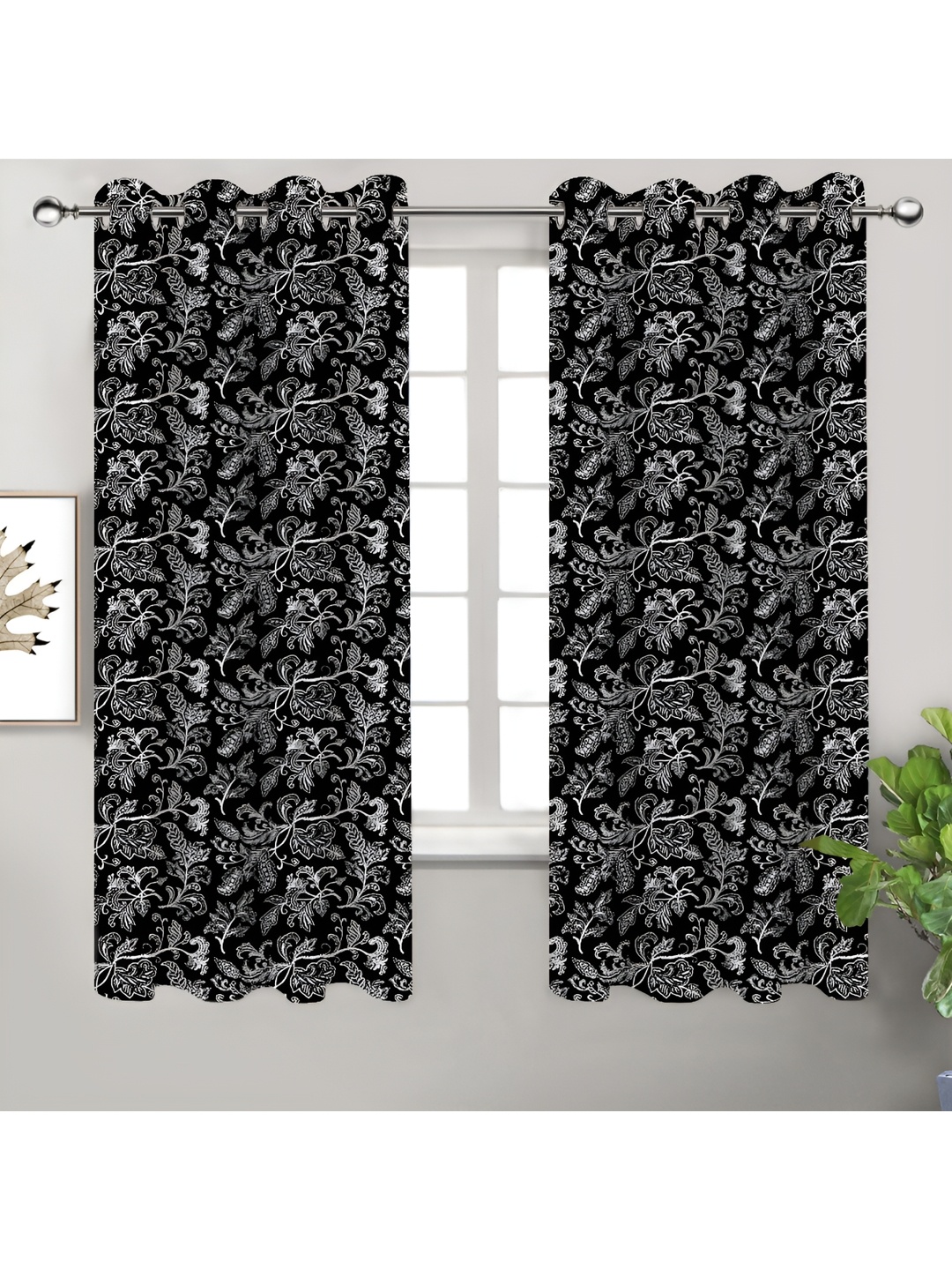 

Airwill Black & White 2 Pieces Floral Printed Room Darkening Window Curtain