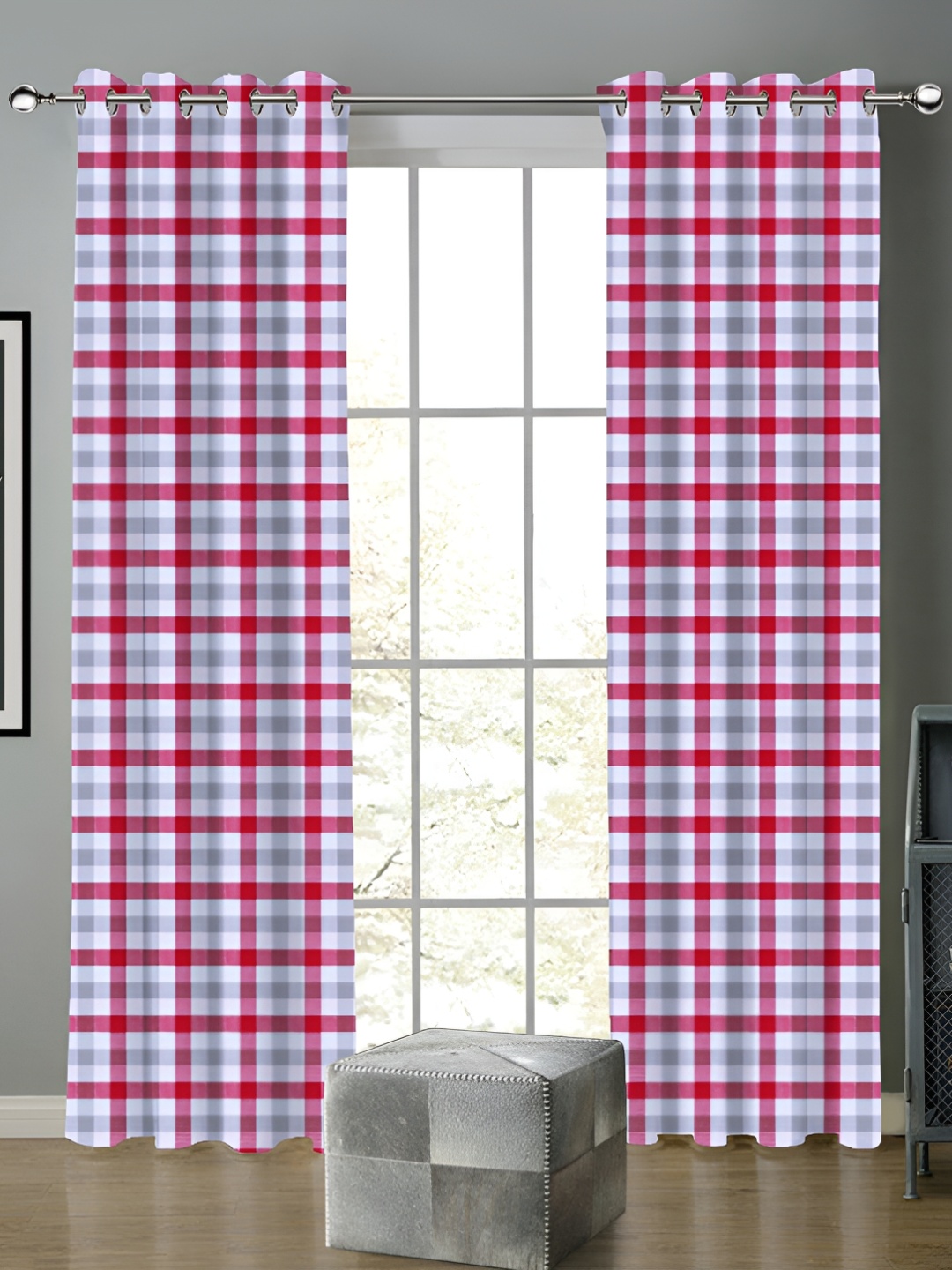 

Airwill Red & White 2 Pieces Geometric Printed Room Darkening Door Curtain