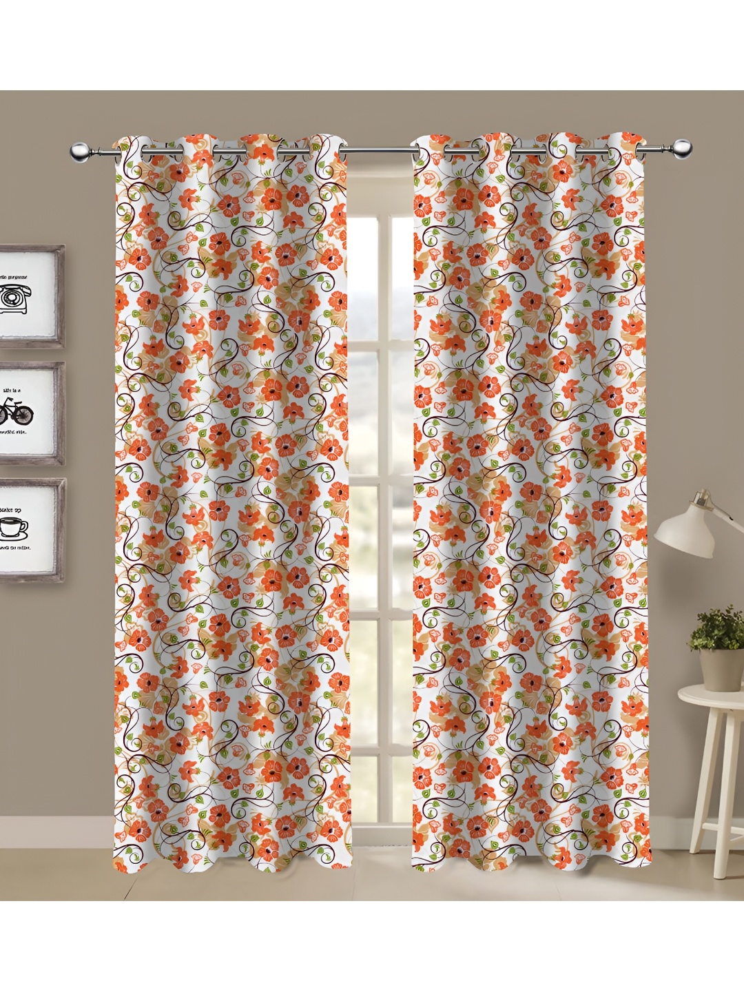 

Airwill White & Orange 2 Pieces Floral Printed Cotton Room Darkening Door Curtains