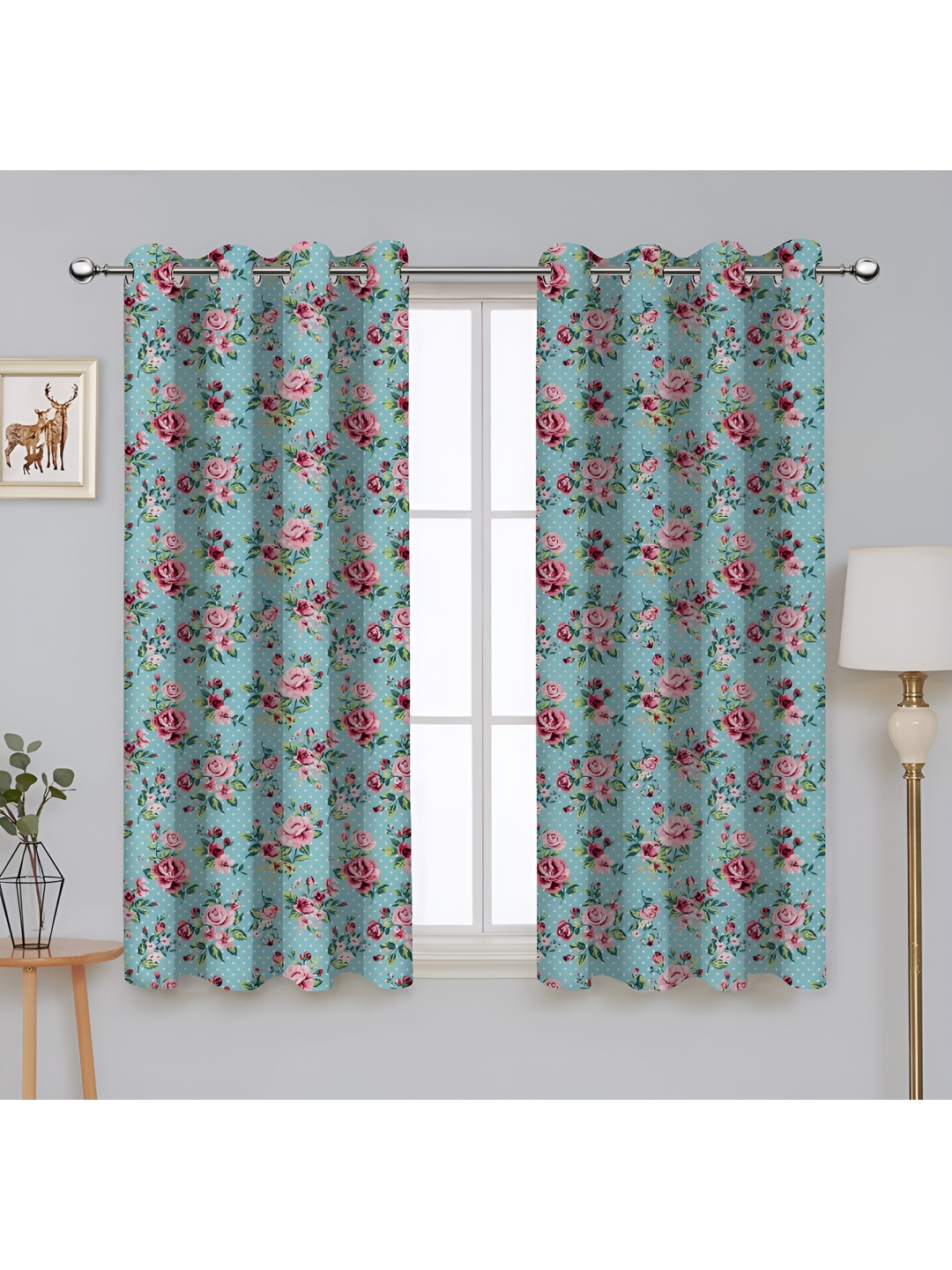 

Airwill Green Pink 2 Pieces Floral Cotton Room Darkening Window Curtain