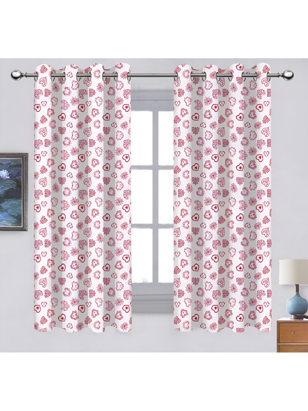 

Airwill Red & White 2 Pcs Floral Room Darkening Cotton Window Curtains