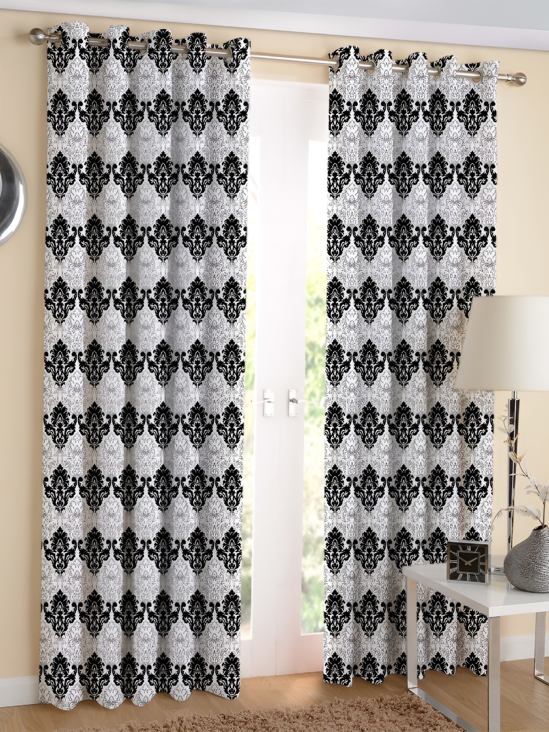 

Airwill Black White 2 Pieces Ethnic Motifs Cotton Room Darkening Long Door Curtain