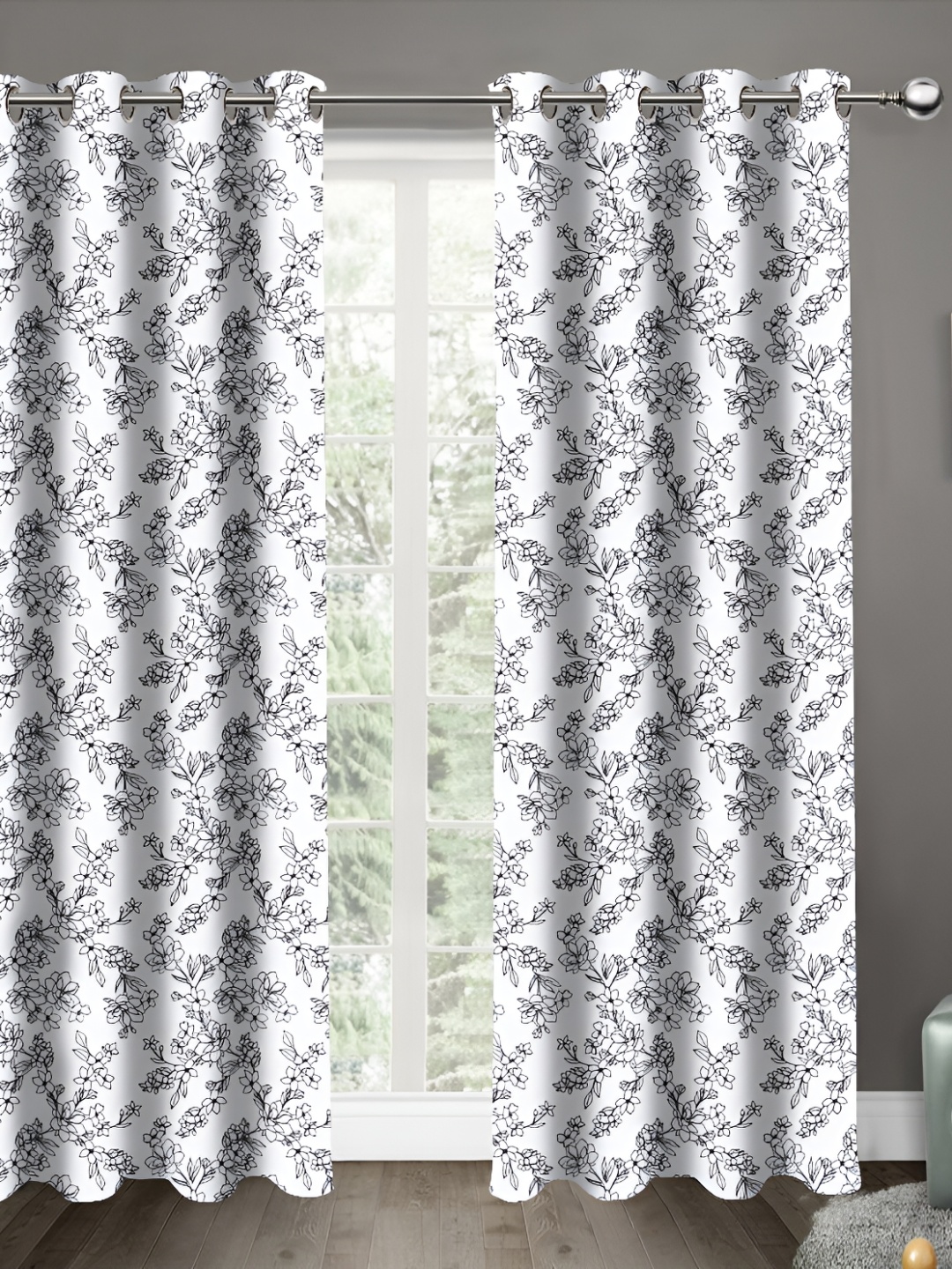 

Airwill Black & White 2PCs Floral Room Darkening Door Curtain