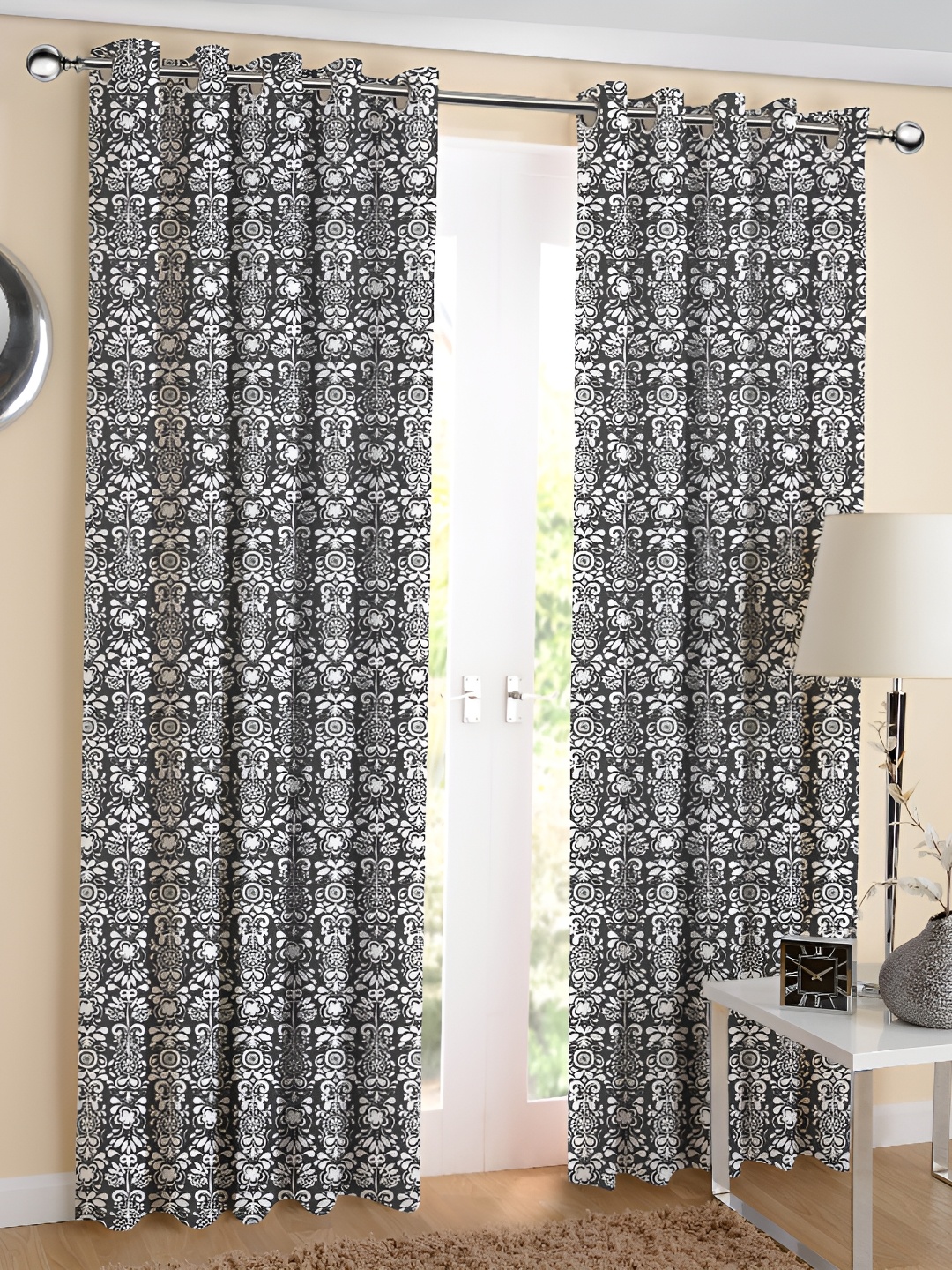 

Airwill Grey & White 2 Pieces Floral Printed Room Darkening Long Door Curtain