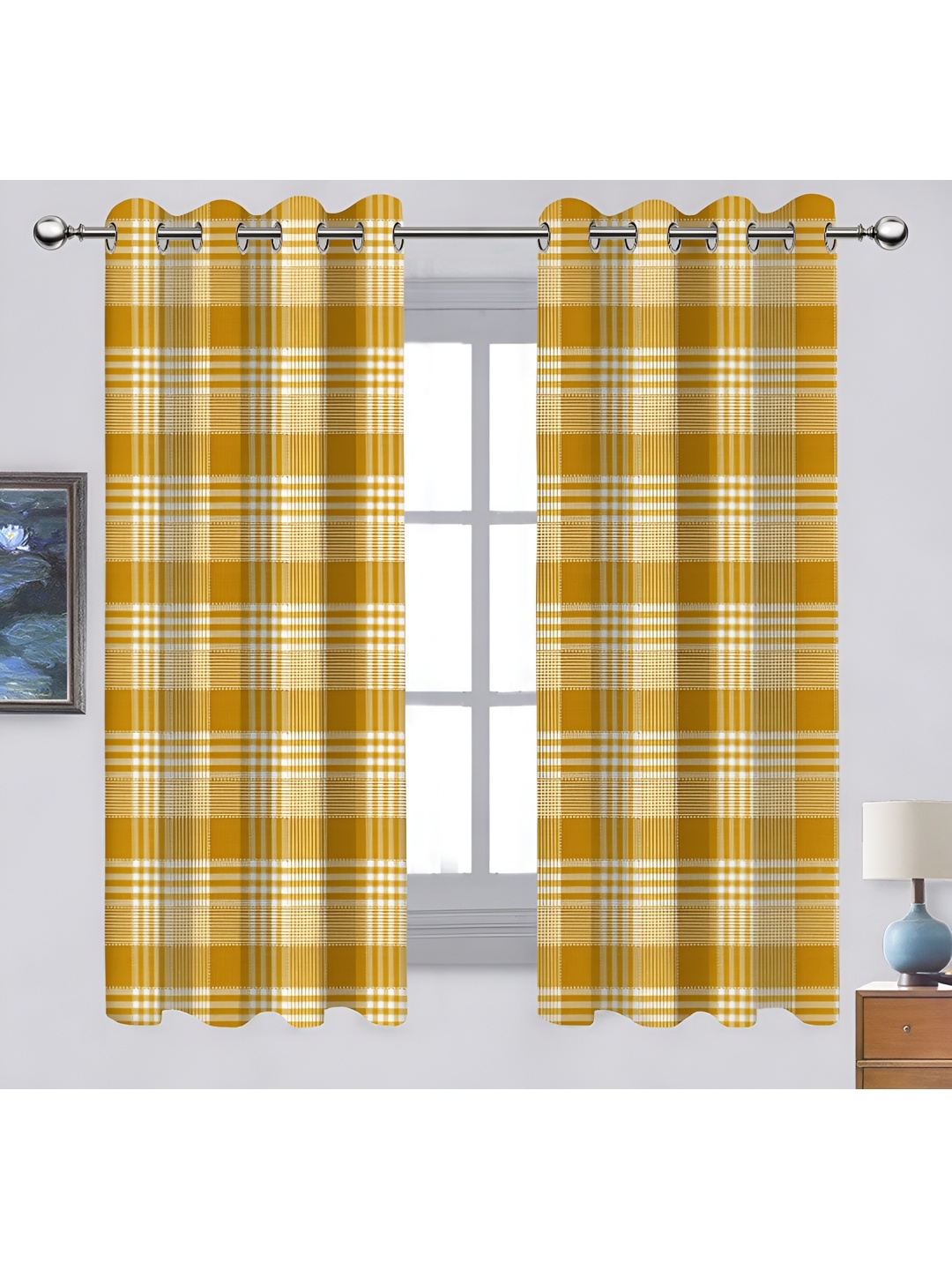 

Airwill Yellow White 2 Pieces Geometric Cotton Room Darkening Window Curtain