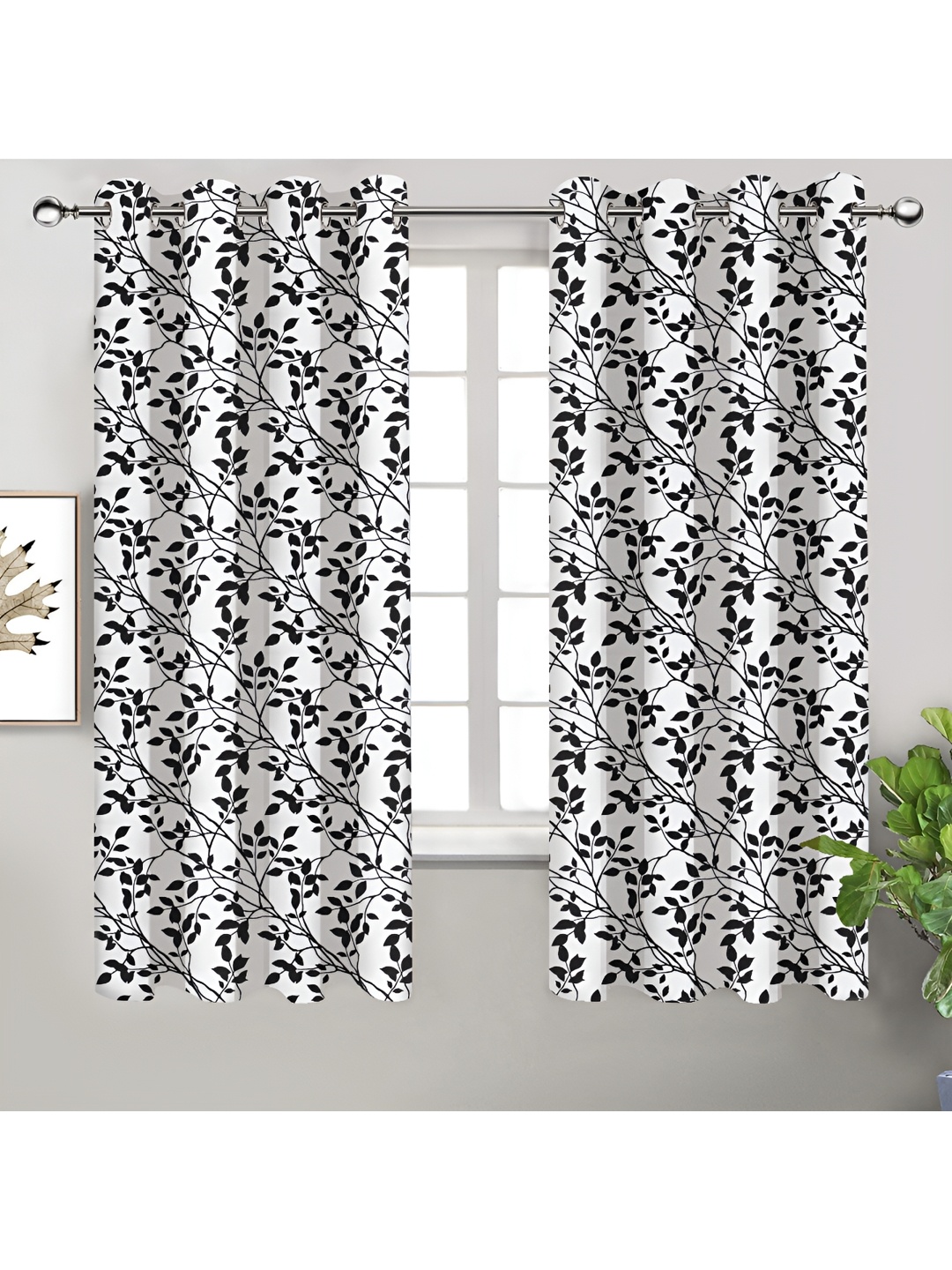 

Airwill Black White 2 Pieces Floral Cotton Room Darkening Window Curtain