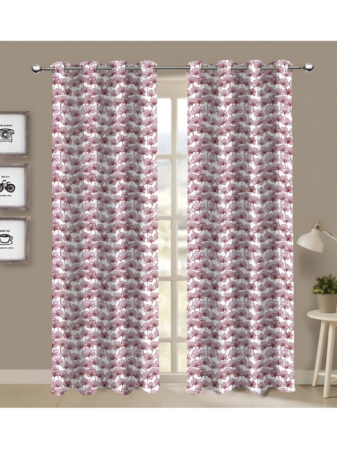

Airwill Maroon White 2 Pieces Floral Cotton Room Darkening Door Curtain
