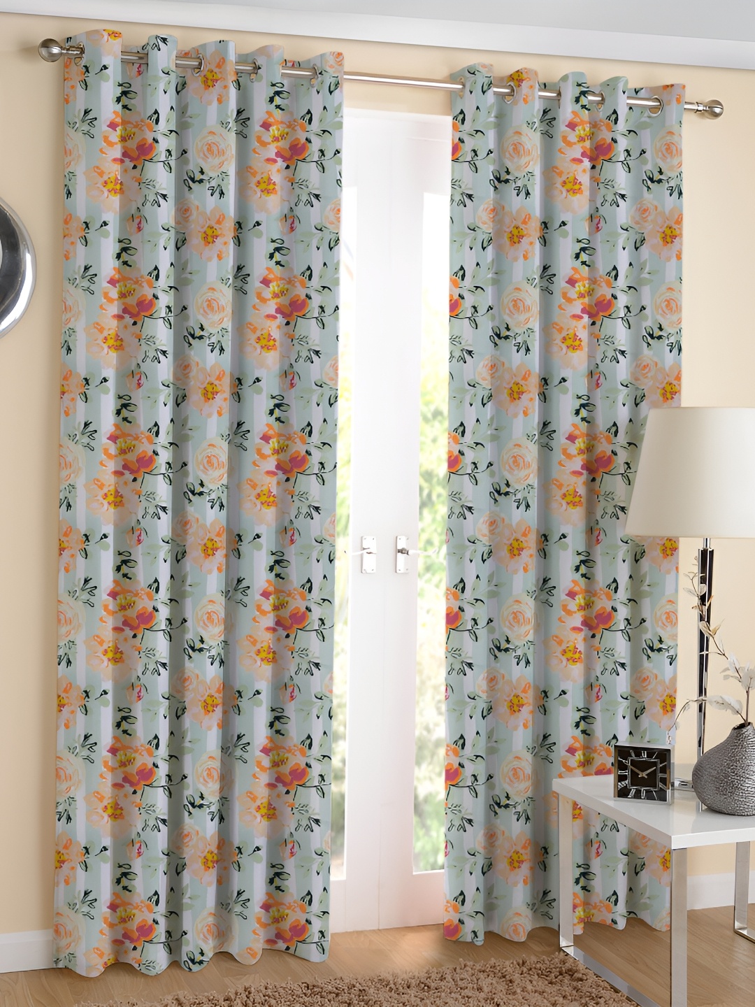 

Airwill Green & Yellow 2Pcs Floral Room Darkening Long Door Curtain