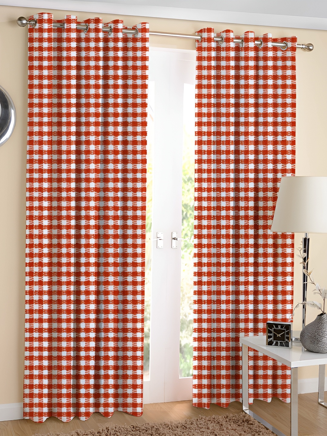 

Airwill Orange Coloured & White 2 Pcs Geometric Room Darkening Cotton Long Door Curtain