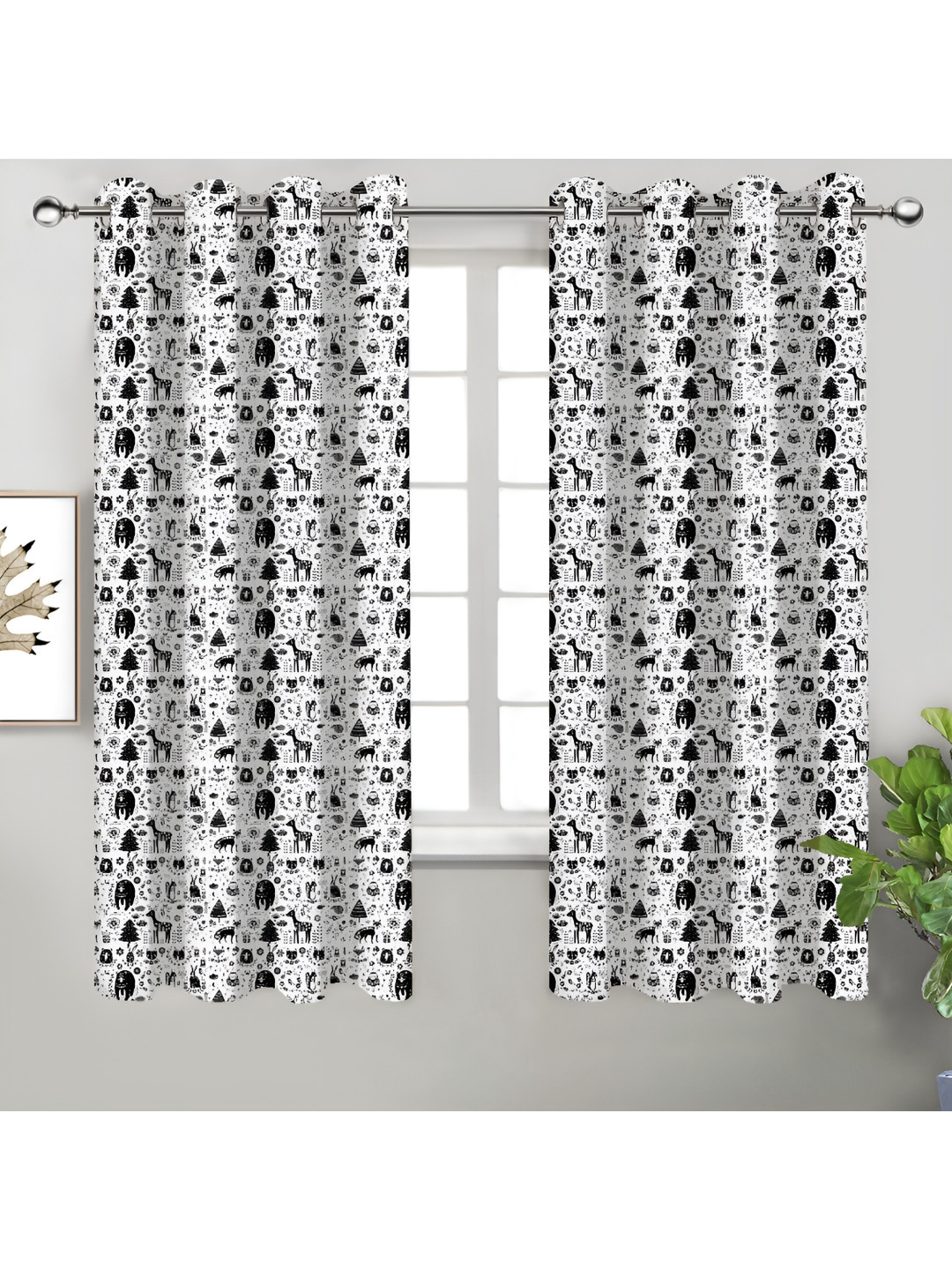

Airwill Black & White 2 Pieces Floral Printed Room Darkening Window Curtain