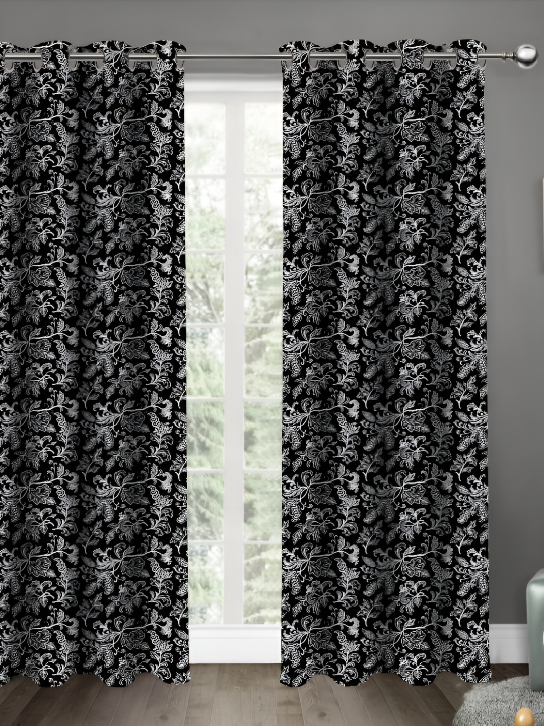 

Airwill Black & Grey 2Pcs Floral Room Darkening Door Curtain