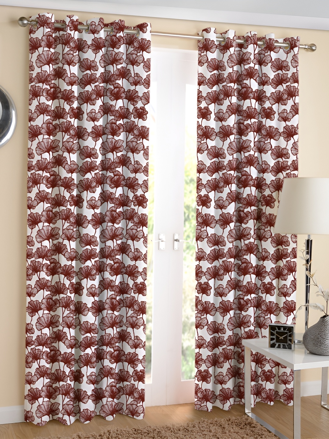 

Airwill Maroon White 2 Pieces Floral Cotton Room Darkening Long Door Curtain